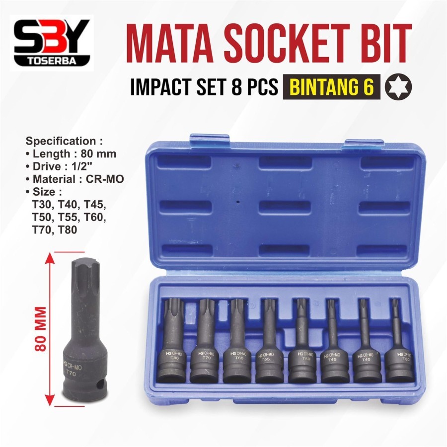 Mata Socket Bit Impact Set 8 PCS BINTANG 6 (TORX) (T30,T40,T45,T50,T55,T60,T70,T80) ALDO