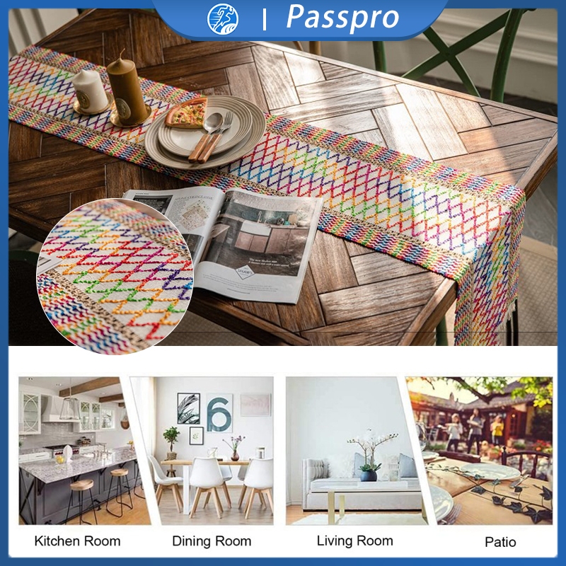 Table Runner Rajut Rainbow Strip / Taplak Meja Bohemian / Taplak Meja Panjang Aesthetic