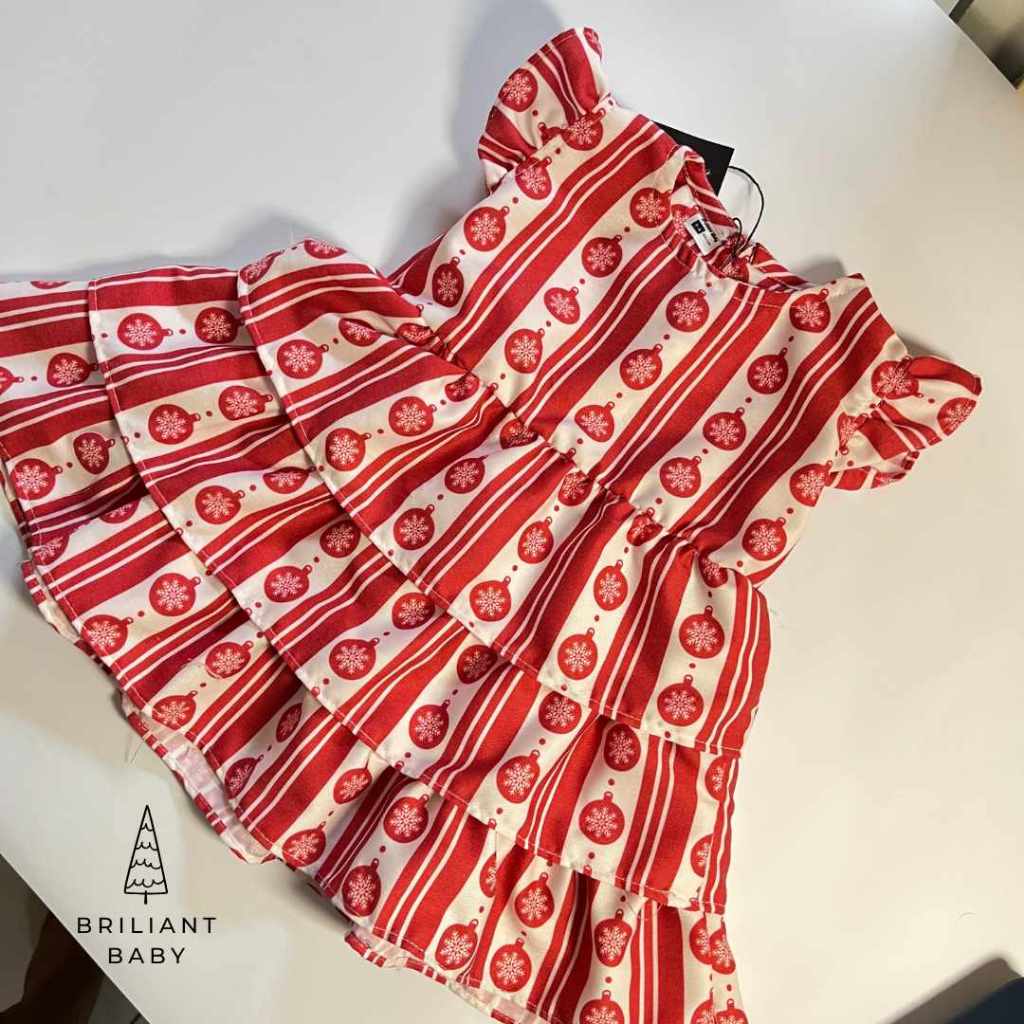Baju Natal Bayi Perempuan Motif Salju Merah Putih Usia 0-6 Bulan
