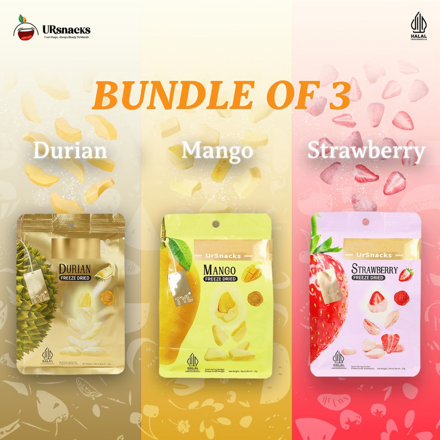 

URSNACKS - Best Seller Bundle 3 Freeze Dried Rasa Strawberry 22gr Durian 32gr Mangga 32gr