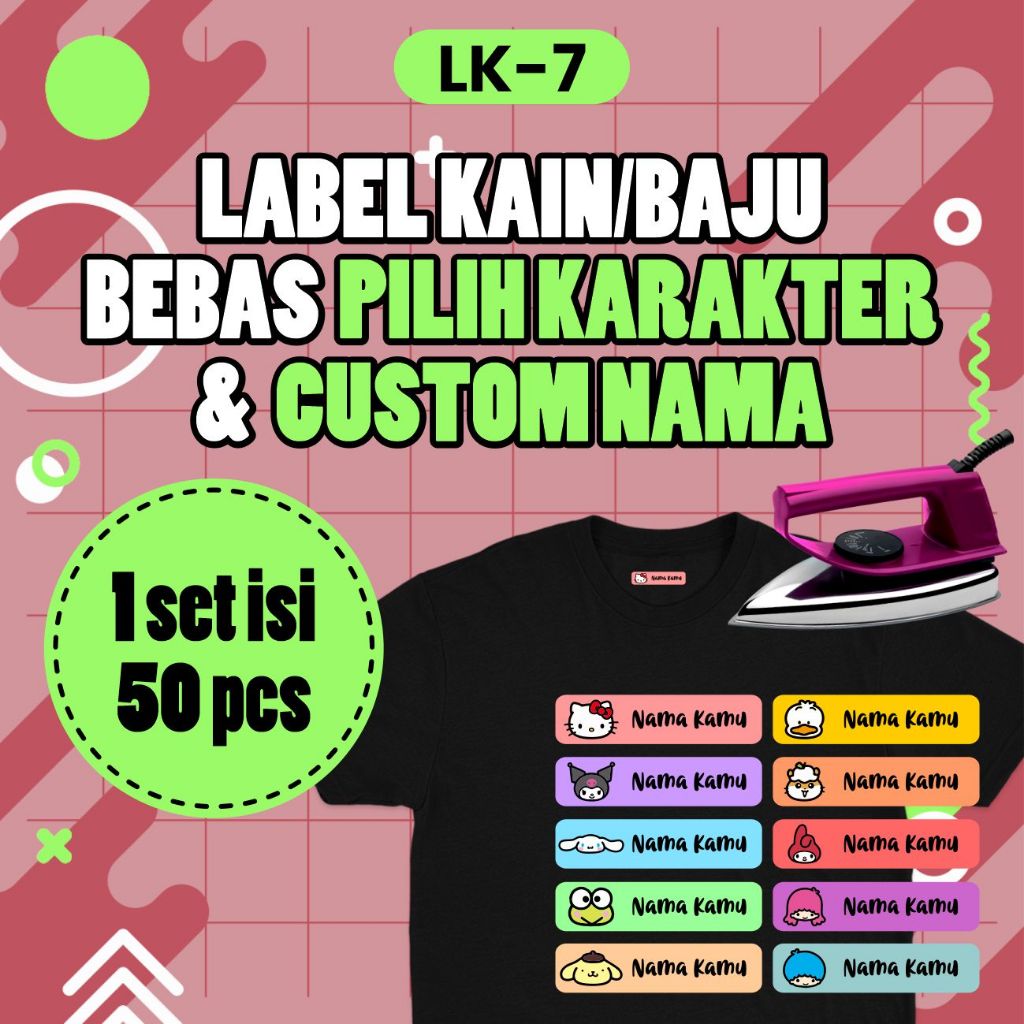 

LK7 Sticker Nama Label Printing Kain / kaos Sablon Setrika Tema Karakter Isi 50pcs Gratis Custom Nama (Bukan Bordir tapi Label DTF Bisa Ditempel)