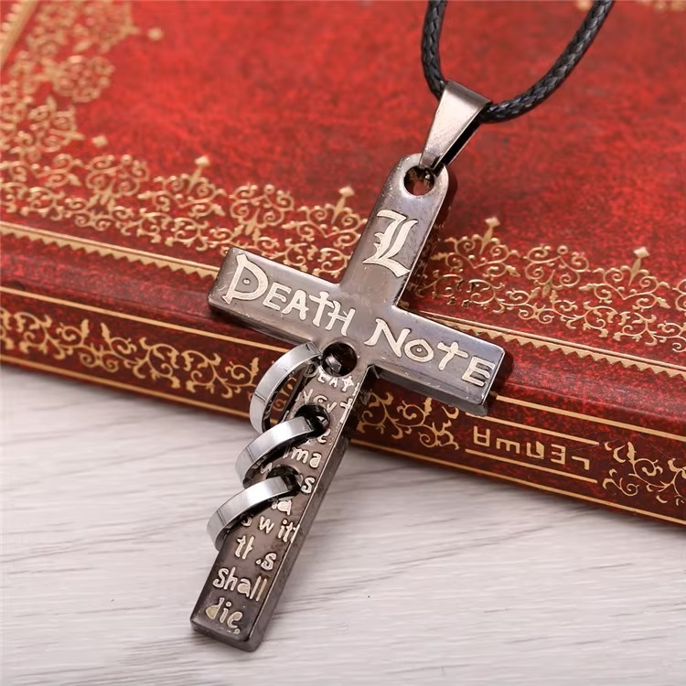 Kalung Salib Death Note Tali Hitam / Bisa Untuk Pria & Wanita Stainless Steel Anti Karat / DeathNote