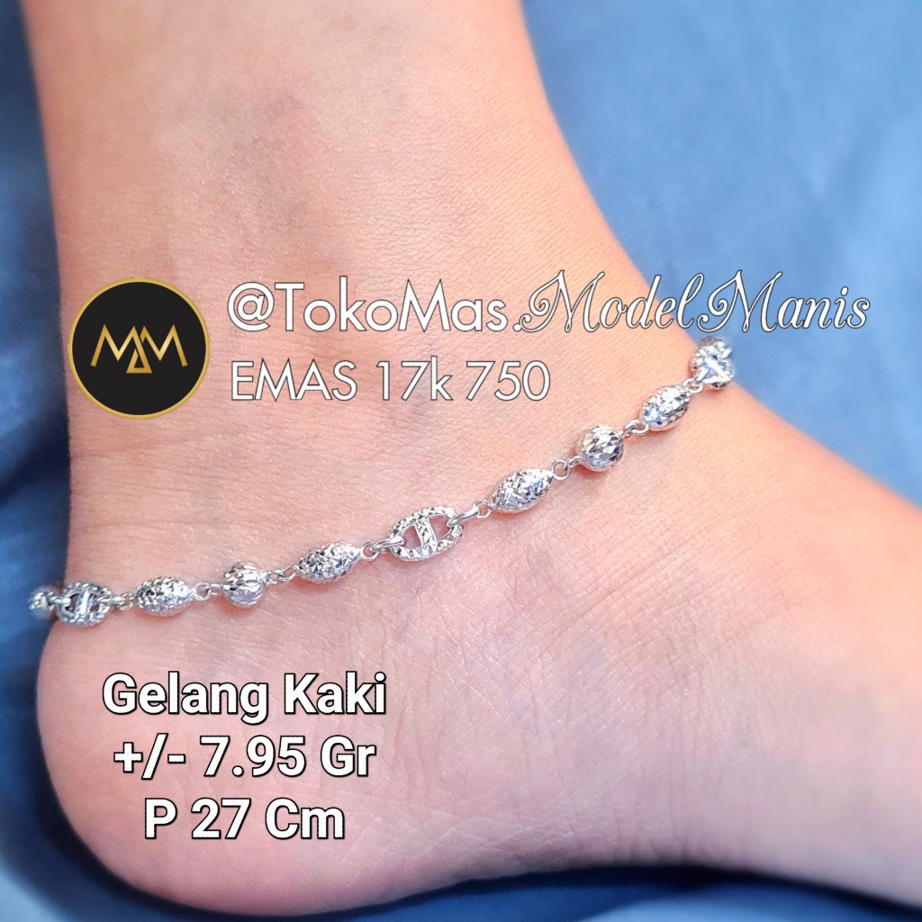 Gelang kaki candy Oval ukir emas putih rosegold  750 kadar 17k