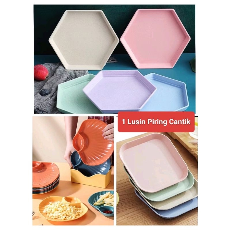 LYSASHOP 1 LUSIN (12pcs) Piring Makan Plastik Bentuk Persegi Kerang Segi8 Warna Warni Bahan Jerami