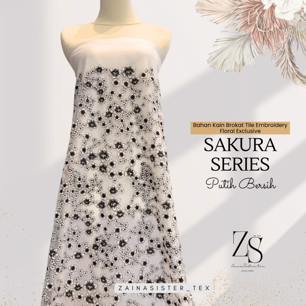 Brokat Tile Premium Mewah Motif Bunga Warna Putih Sakura Series HARGA SETENGAH METER