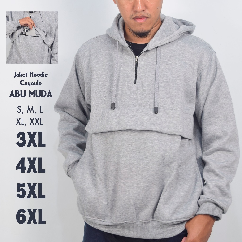 Jaket Hoodie Cagoule Abu Muda Pria Jumbo Big Size S M L XL XXL 3XL 4XL 5XL 6XL