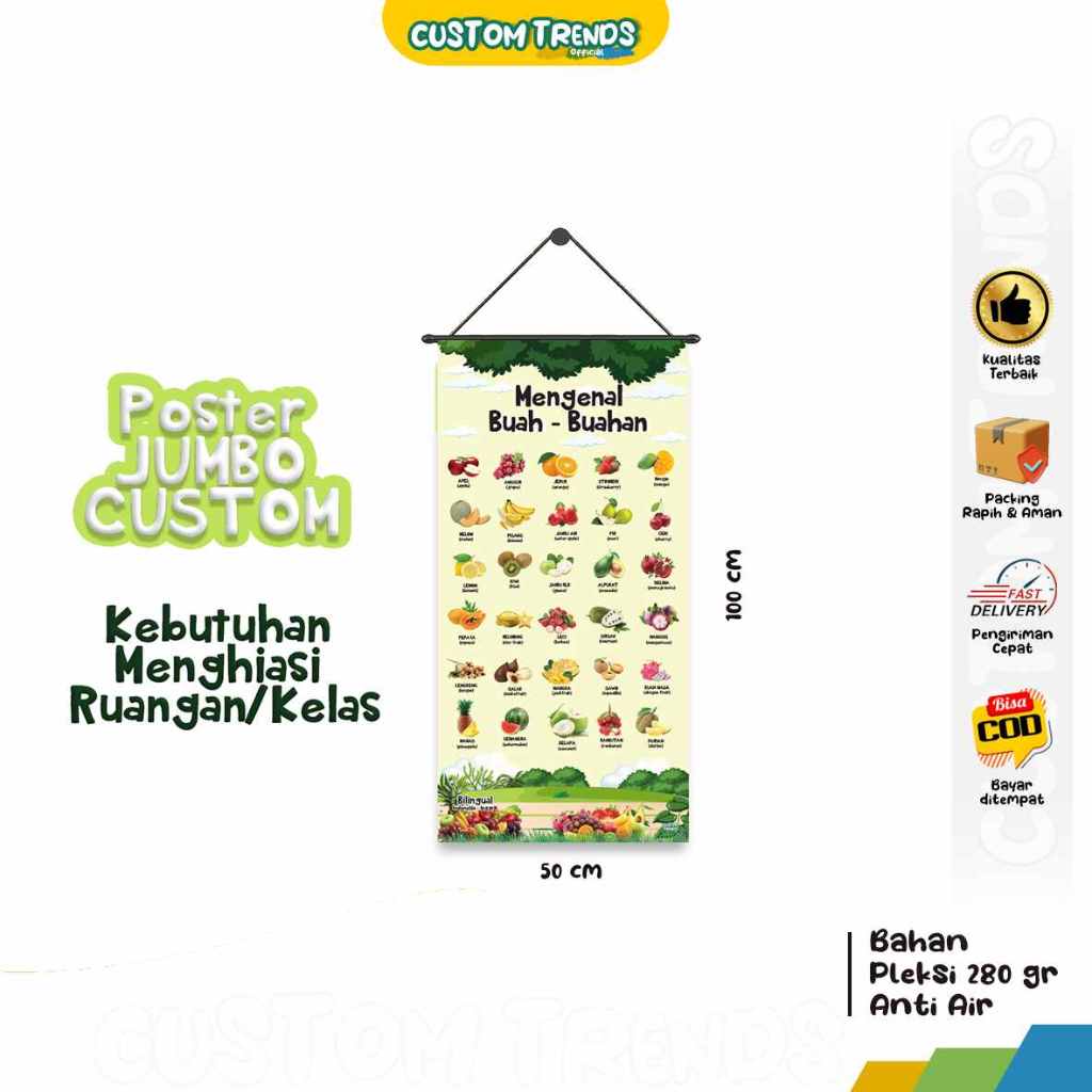 Poster Edukasi Mengenal Buah-Buahan Poster Jumbo Custom Nama Sekolah & Lembaga ukuran 100 cm x 50 cm