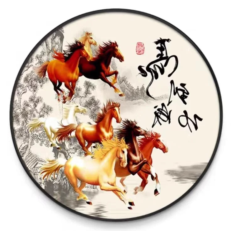 Lukisan Dinding Bulat Hiasan 5D Porcelain - Model 8 Ekor Kuda - Wall Decor Painting Premium