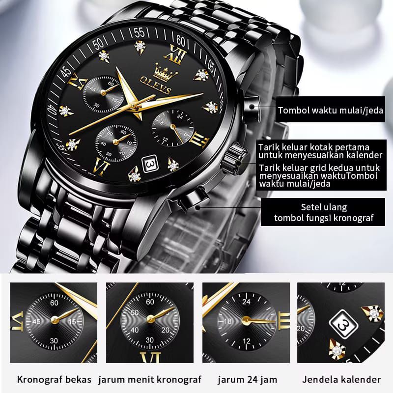 OLEVS Jam Tangan Pria Original Anti Air Tahan Led Sport Analog Chronograph