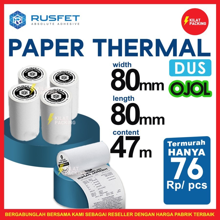 

Kertas Thermal Struk Kasir Paper Thermal 80x80mm Rusfet Dus Ojol