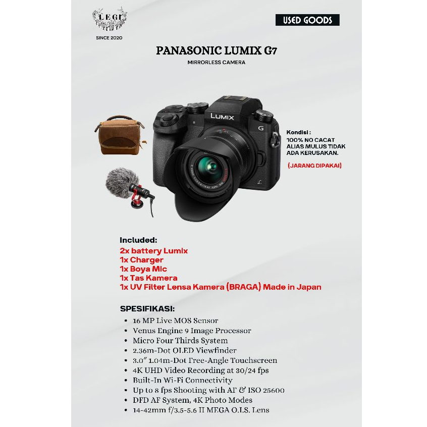 PANASONIC LUMIX G7 - MIRRORLESS CAMERA - SECOND - UHD 4K - 100% MULUS NO CACAT - ORIGINAL