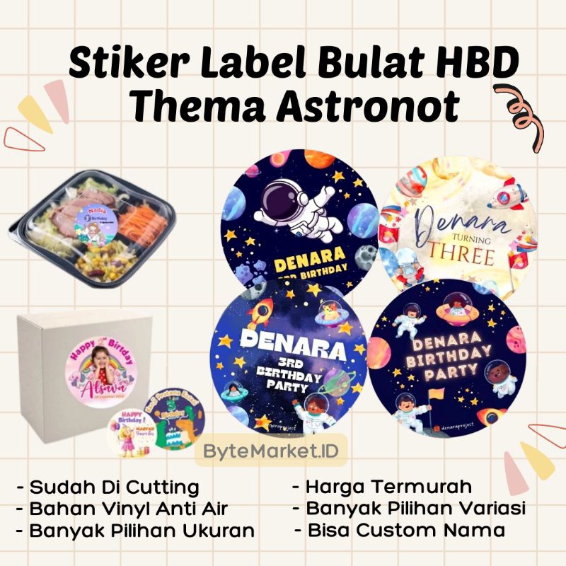 

(50 PCS) Stiker Bulat Custom Bento Hampers Ulang tahun Space Astronaut