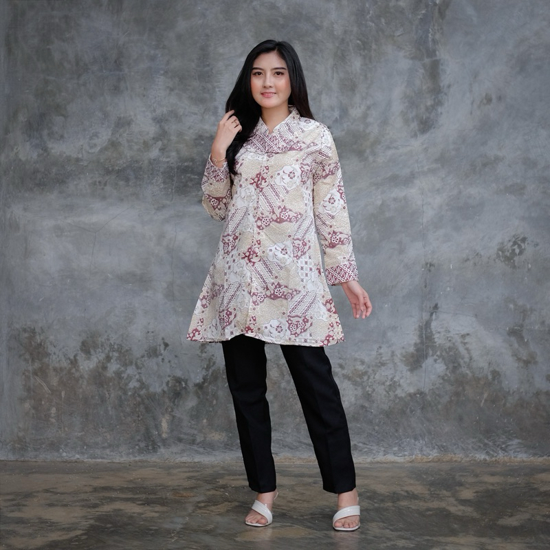 ATASAN TUNIK BATIK KERJA WANITA MODERN LEHER SHANGHAI SERAGAM KANTOR BUSUI FRIENDLY MOTIF KEKINIAN