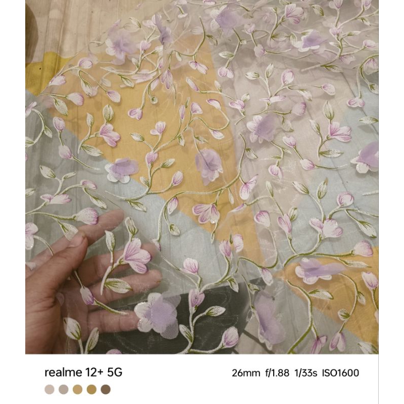bahan kain organza 3D motif bunga timbul mewah