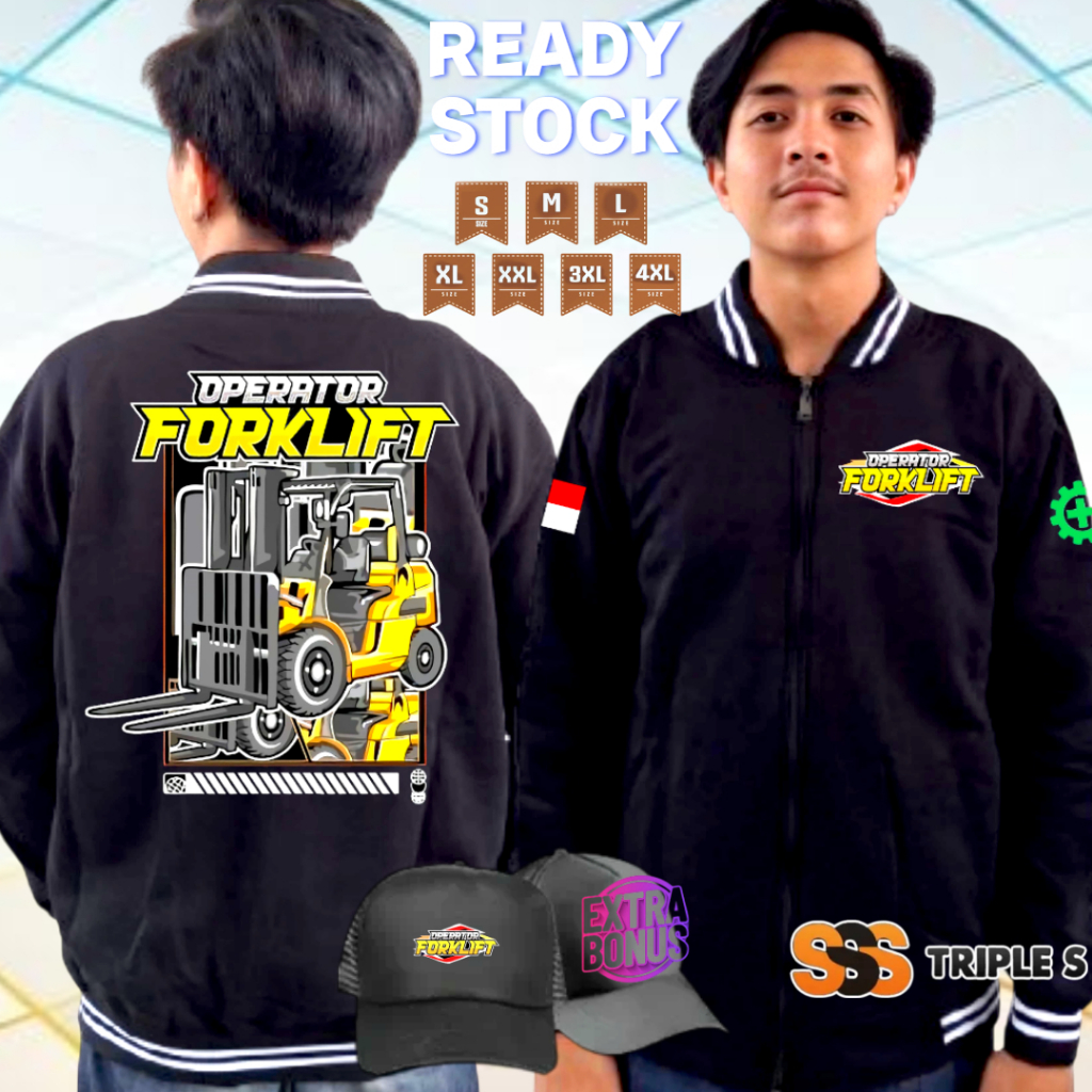 JAKET VARSITY ZIPPER OPERATOR FORKLIFT SIMPEL GRATIS TOI JARING HITAM