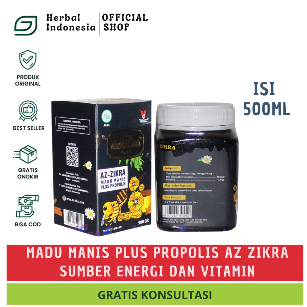 

BPOM Madu Az-Zikra Hutan Manis Plus Propolis 500 gram | AZ Zikra Madu Manis Kemasan Baru Original