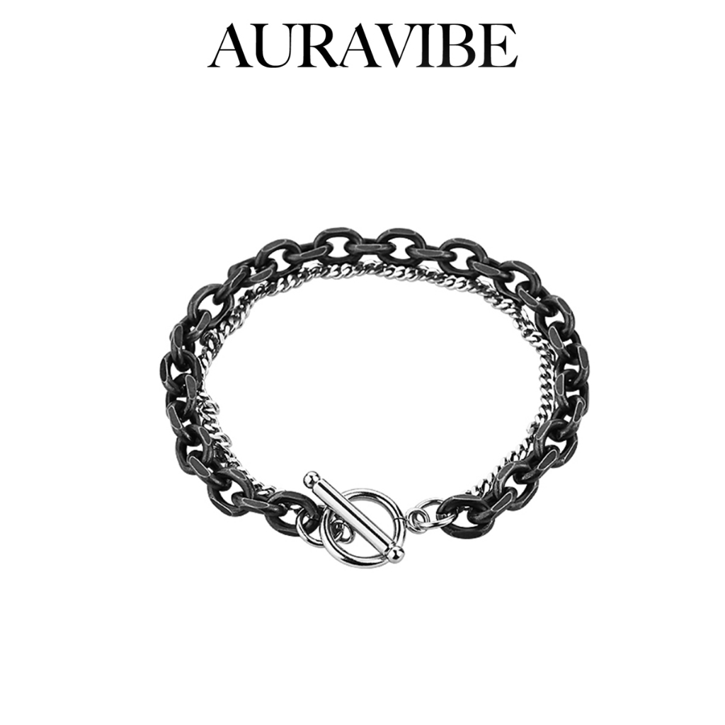 AURAVIBE Gelang baja titanium pria Gaya hip hop lapisan ganda hitam dan putih Gesper OT Gelang