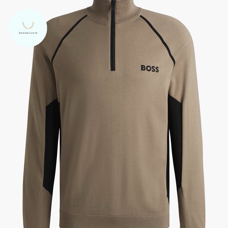 Hugo Boss Men Hydro-X FA24 Cotton Blend Colour-Blocking Sweater in Beige with Logo