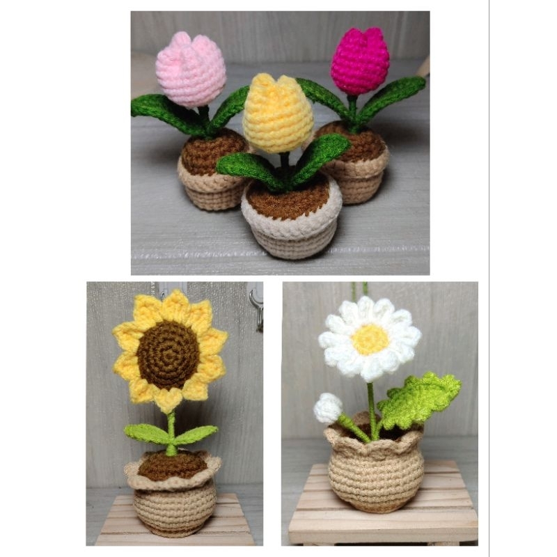 mini pot bunga rajut| hiasan bunga rajut