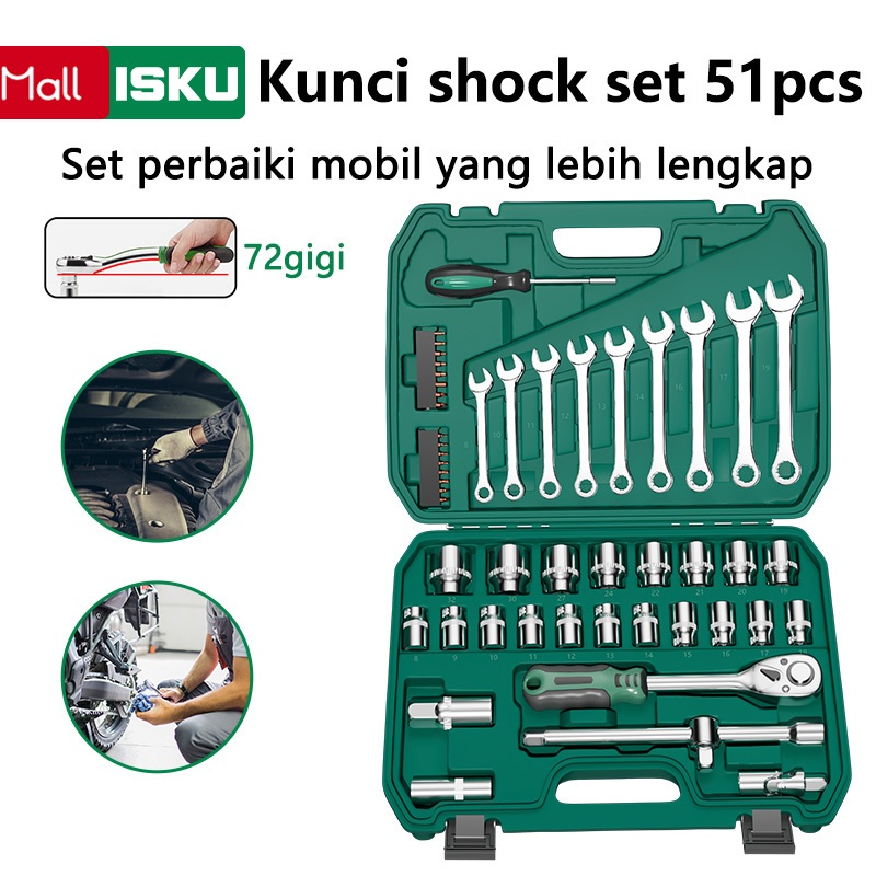 ISKU Kunci Shock Set Kunci Mata Sok 53PCS/51PCS 24Gigi Set Socket Full TOOL KIT Alat Perbaikan Mobil