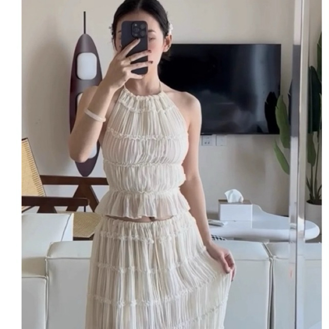 Halter neck backless summer tank top Atasan wanita ruffle top tanpa lengan renda