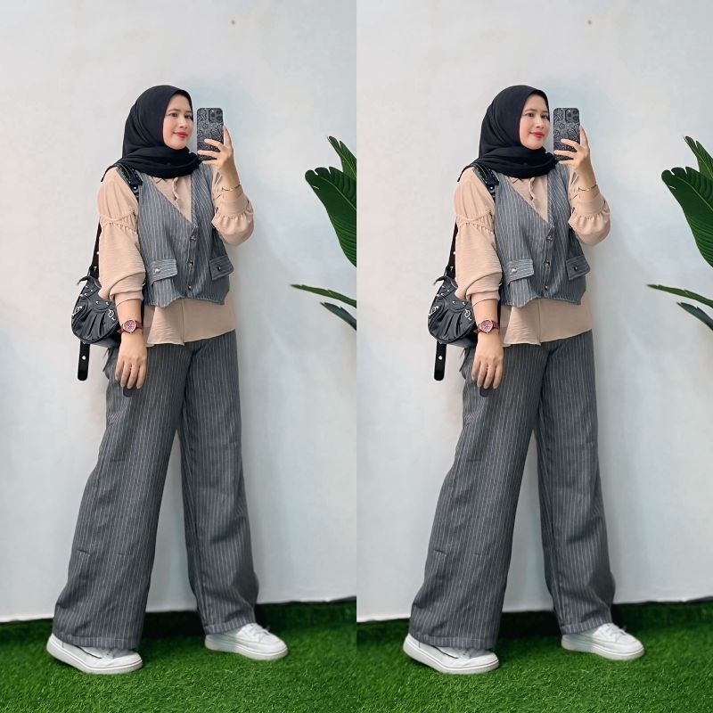 Vesty set pants warna abu abu biru Dongker coklat choco setelan wanita vest outer celana panjang bah