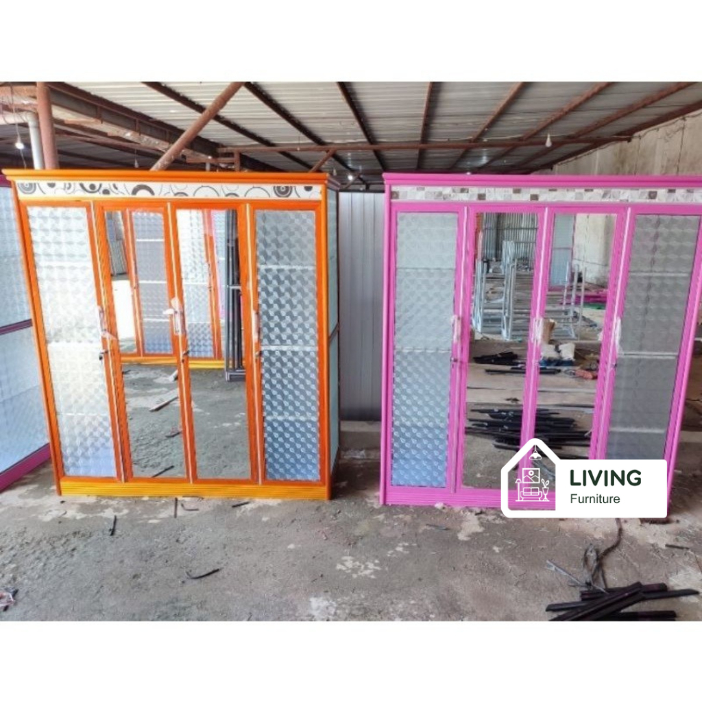 Lemari pakaian kaca alumunium pintu 4 / Almari baju aluminium anti rayap minimalis