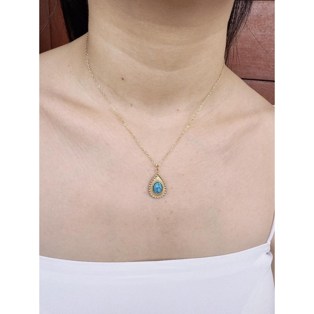 Kalung Titanium Wanita Model Liontin Batu Biru KL00024