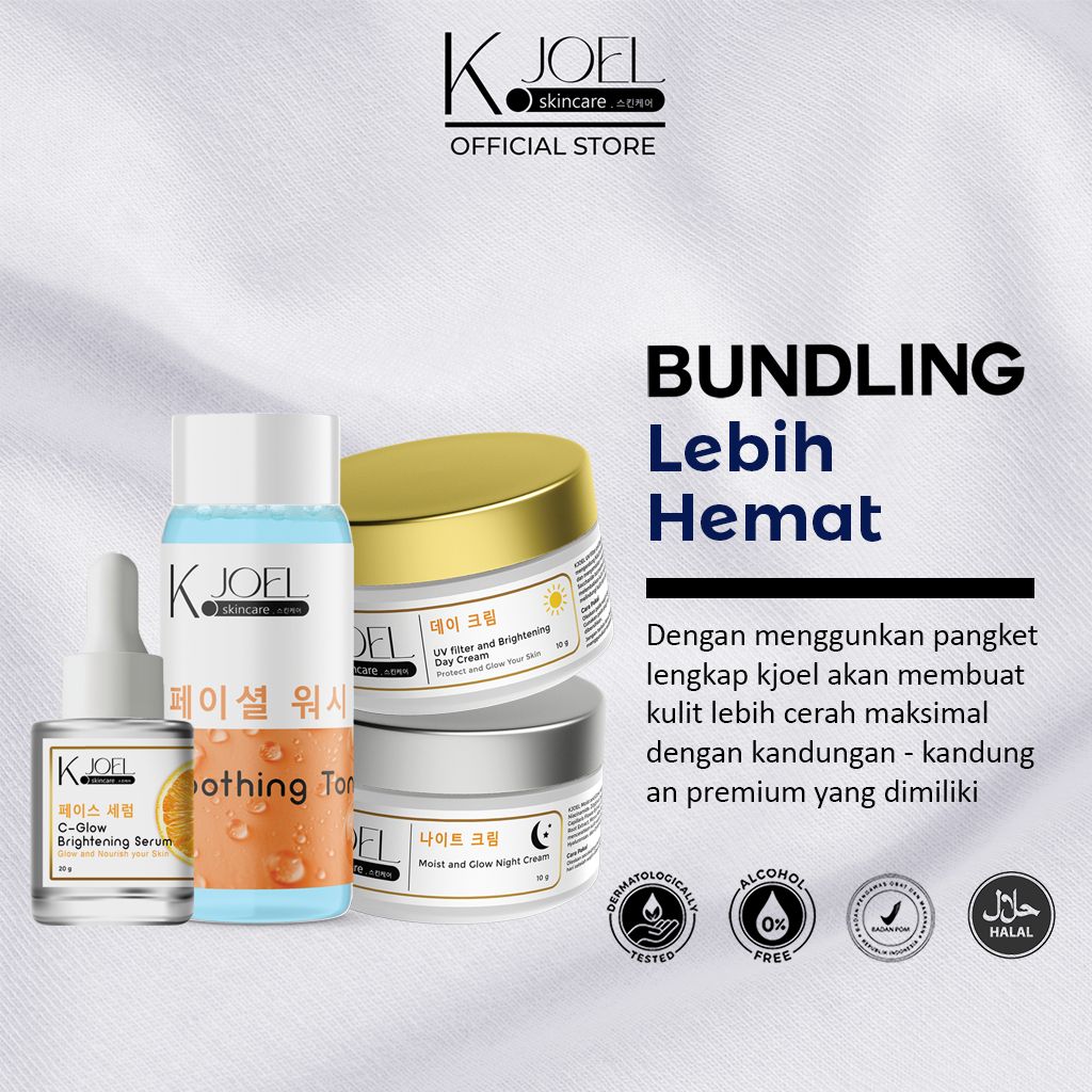 KJOEL - Paket Bundling Day Cream + Moist & Glow Night Cream + Serum Vit C + Toner Wajah - E