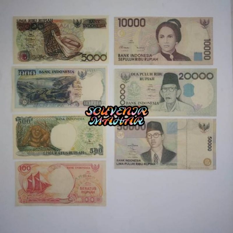 (GRESS/USED) Paket uang kuno 7 lembar tahun 90an 100 pinisi 500 otan 1000 lompat batu 5000 sasando 1