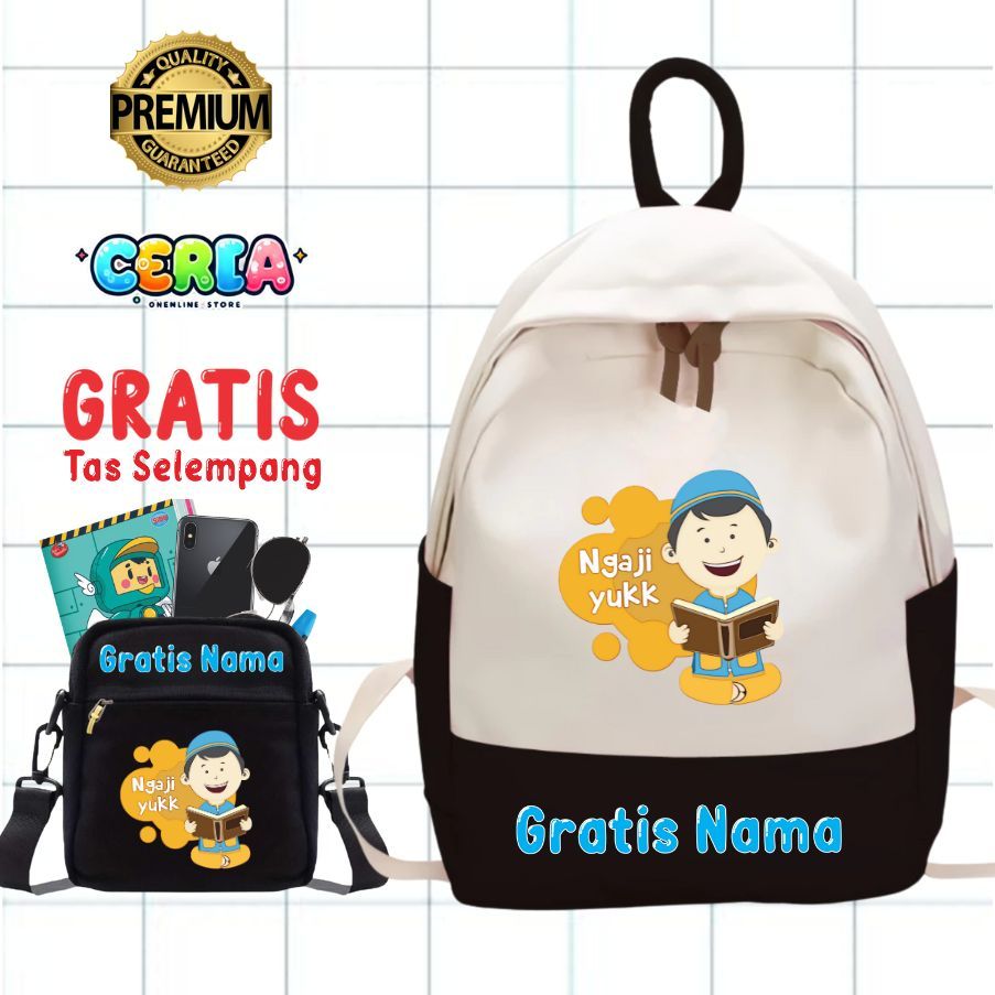 Tas Ransel Sekolah Anak Laki Tas Ngaji Al Qur'an Iqro Murah, Gratis Tas Selempang Free Custom Nama