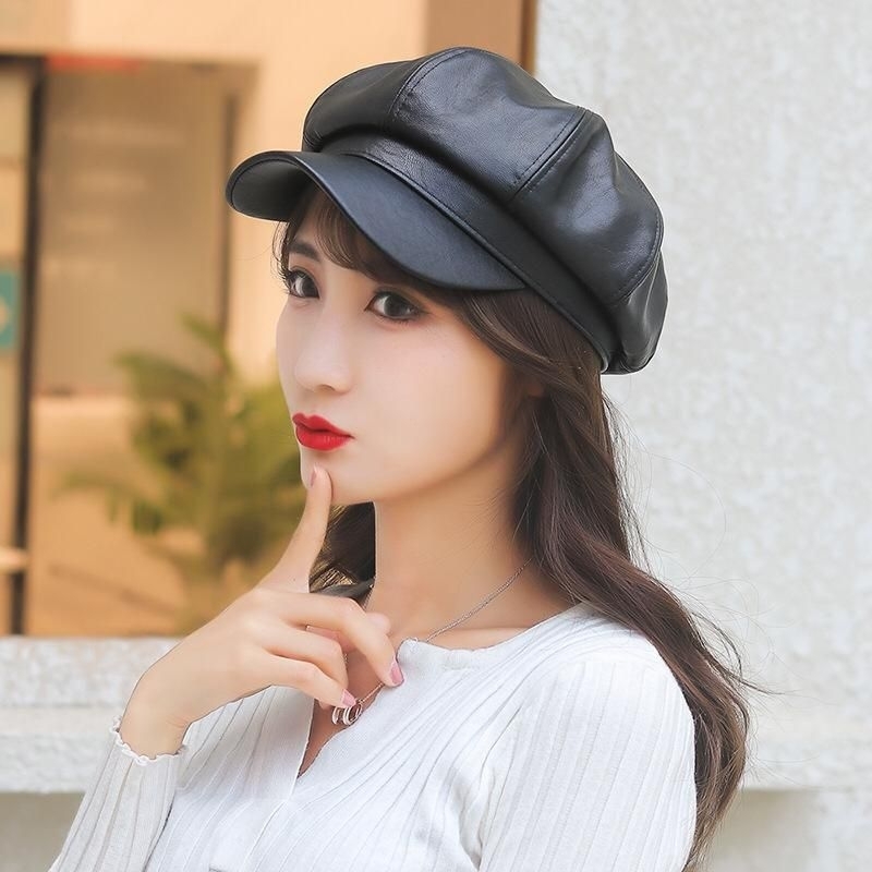 Ilhamriof - Topi Newsboy Wanita Bahan Kulit Modis Fashion Aestethic