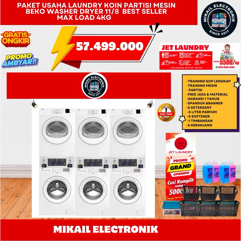 PAKET LAUNDRY SELF SERVICE KOIN PARTISI BEKO MESIN CUCI 11 KG DRYER 8 KG