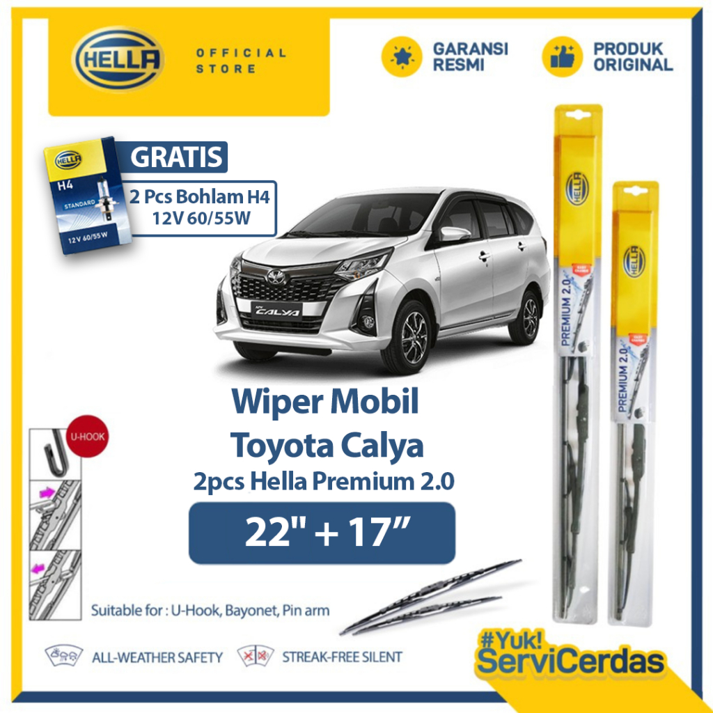 Wiper Mobil HELLA Premium 2.0 TOYOTA Calya 22” + 17” (2pcs) - Gratis Bohlam Mobil H4 12V 60/55W