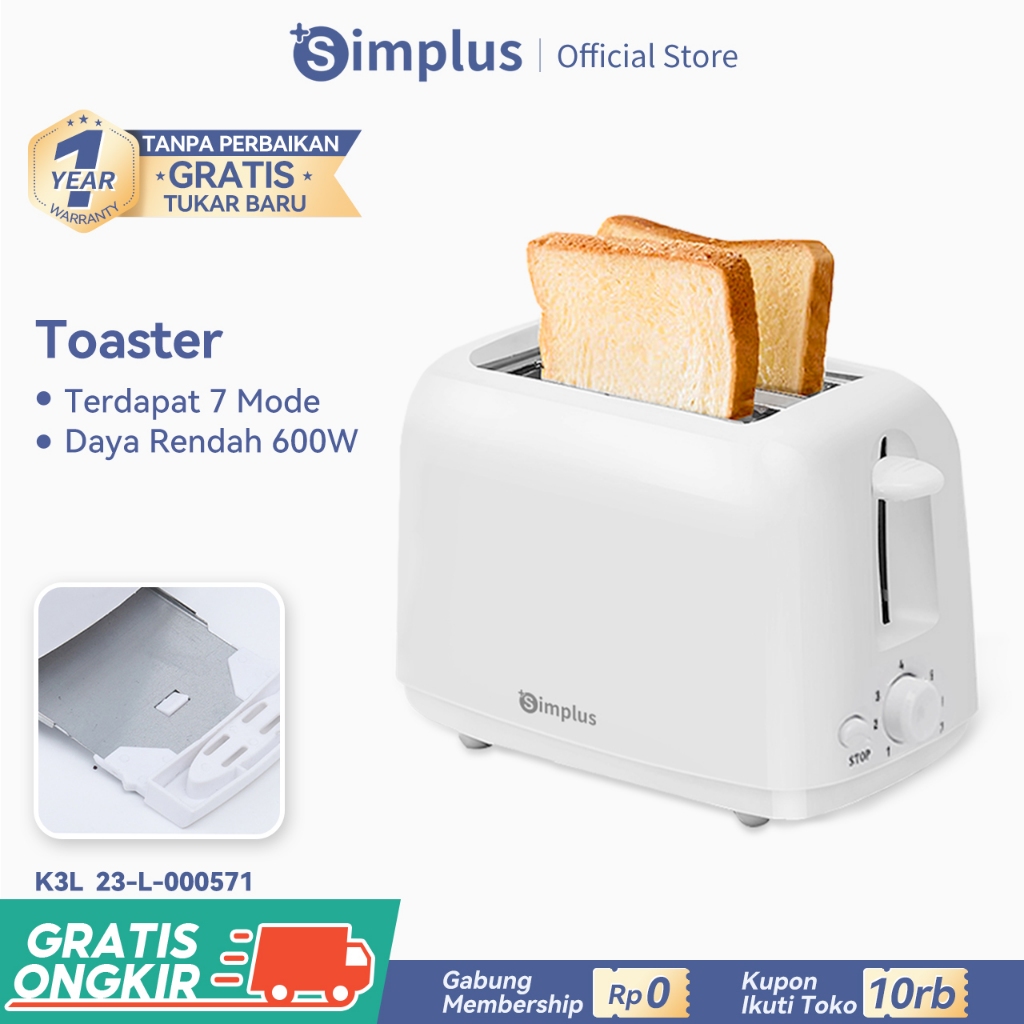 Simplus Toaster Pemanggang Roti Elektrik Otomatis Sandwich Low Watt 7 Tingkat Suhu 2 Slot Bergaransi