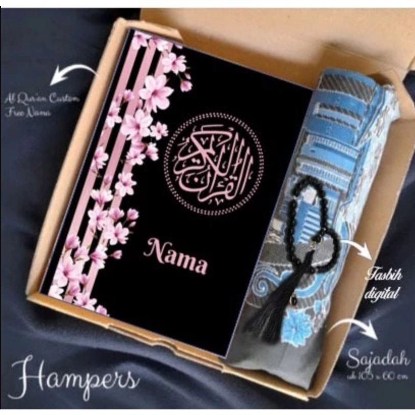 (zahraolshop04)HAMPERS AL QURAN CUSTOM NAMA FREE SAJADAH DAN TASBIH - HAMPERS SERI STANDAR