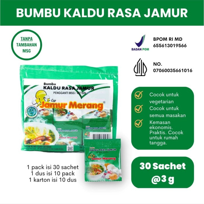 

Bumbu Kaldu Jamur Merang Alami Non MSG 1 Pack isi 30 Sachet Kaldu Alami rasa Jamur BPOM Halal