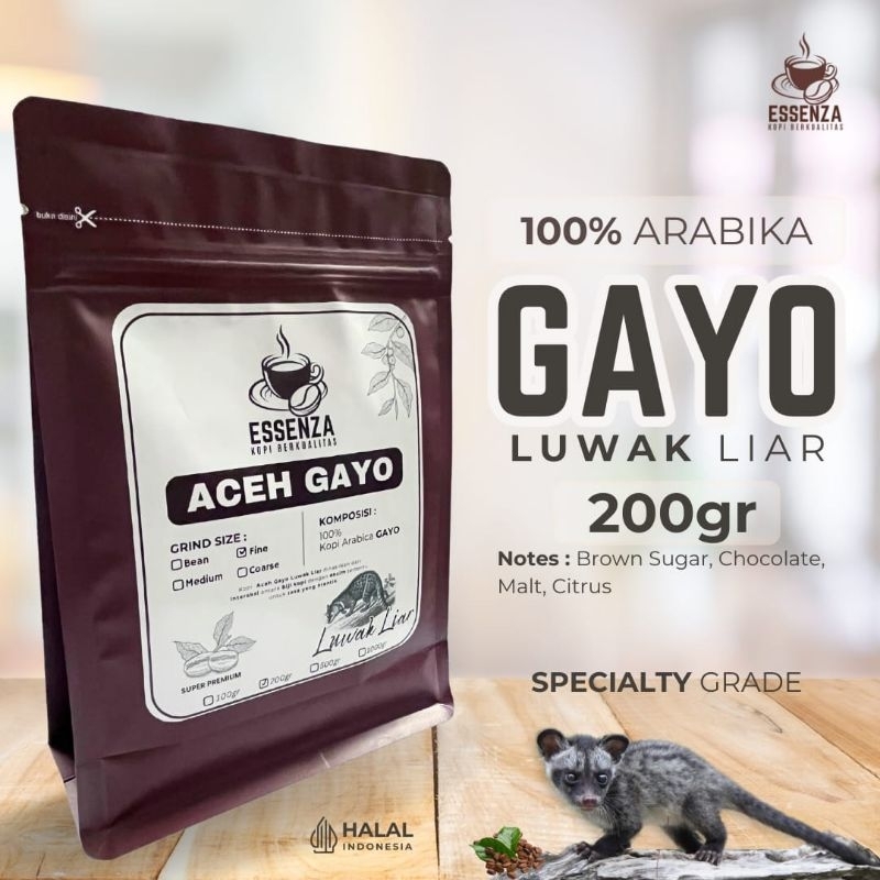 

Kopi Arabika Aceh Gayo Luwak Liar Arabica Speacialty Grade 1 Roast Bean Espresso Essenza Coffee Bubuk