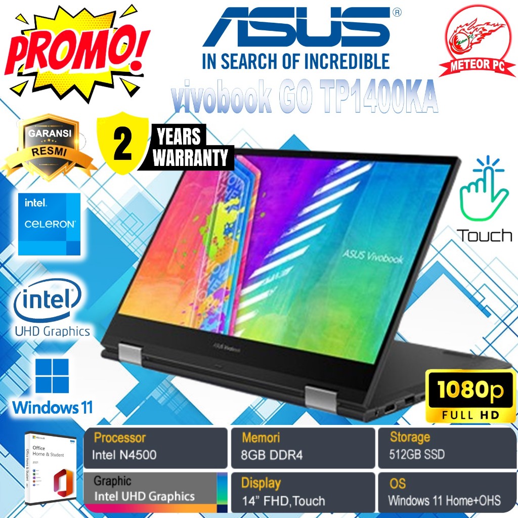 ASUS VIVOBOOK GO 14 FLIP TP1400K INTEL INSIDE 4500 8GB/512GB/14''TOUCH 360FLIP/WIN 11+OHS2021