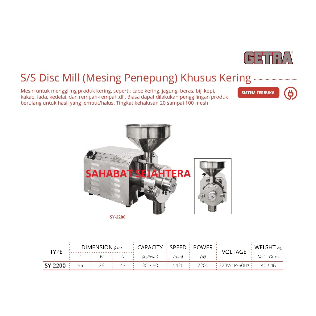 GETRA Stainless Steel Disc Mill SY-2200 Mesin Penggiling Produk Kering