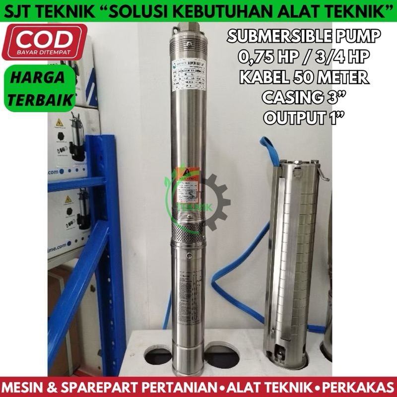 submersible pump pompa satelit reda air celup sumur bor 0.75 hp kabel 50 meter 3 incit