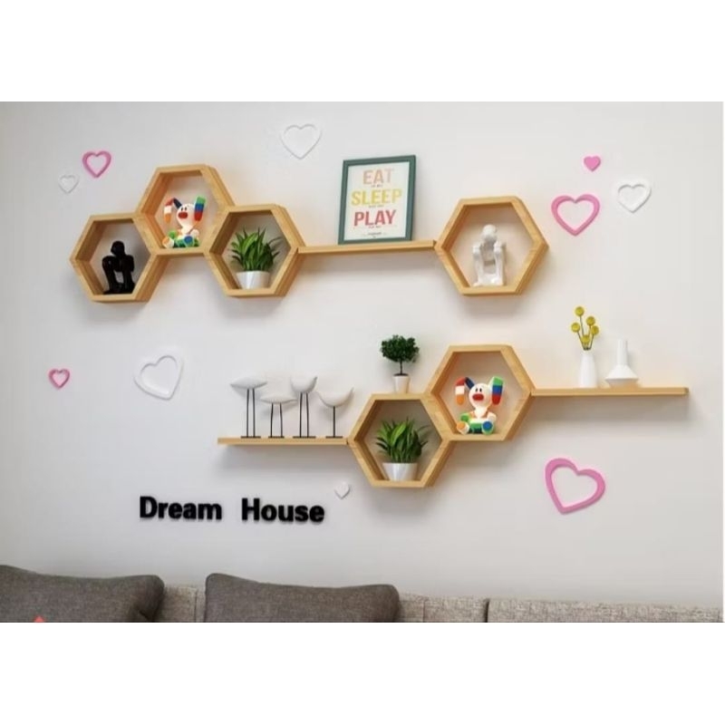 Rak Dinding Kayu Hexagonal (1set) Dekorasi Dinding Kayu Hexagonal Tempel Dinding