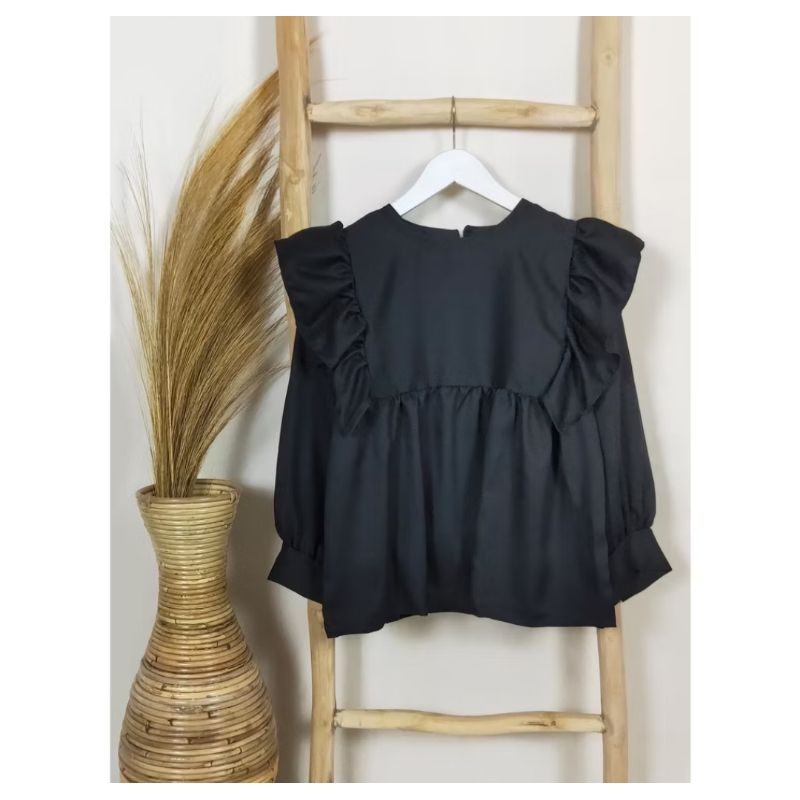 PRELOVE BLOUSE RUFFLE HITAM WANITA