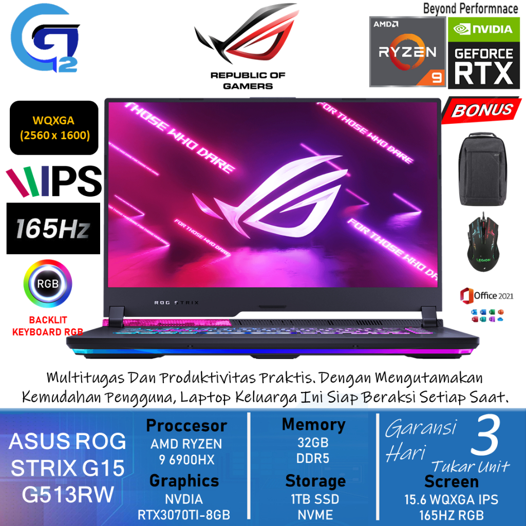 Laptop Gaming ASUS ROG STRIX G15 AMD Ryzen 9 6900HX 32GB DDR5 1TB SSD RTX3070Ti 8GB WQXGA IPS 165hz 