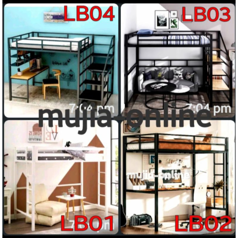 Ranjang susun mezzanine besi tingkat dua kolong 100x200cm mewah kuat loftbed atas
