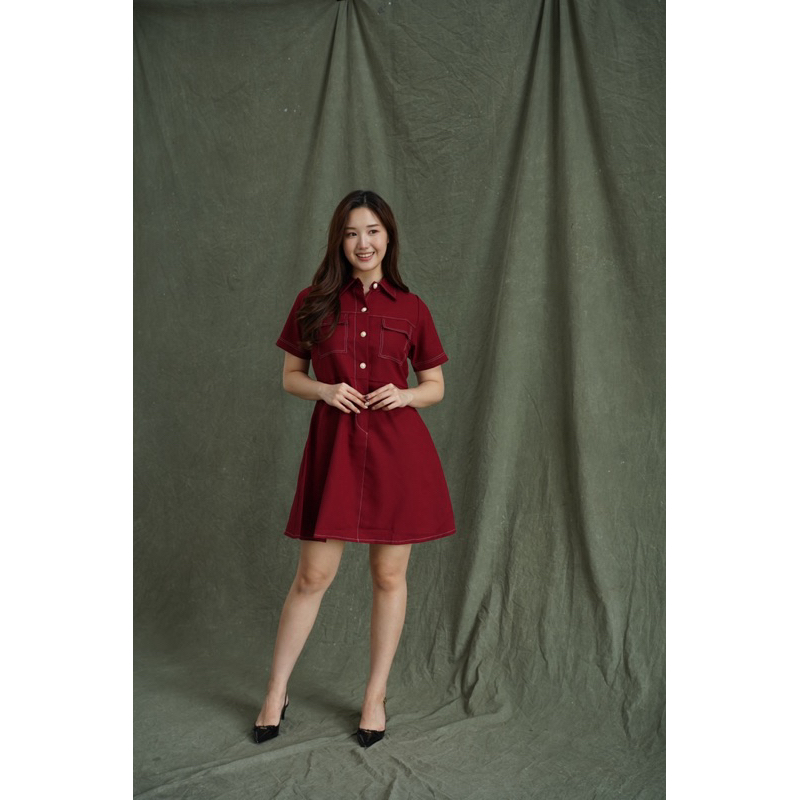 [Fea.official] Gia Dress/ Dress Wanita/ Dress Merah Kemeja Lengan Pendek