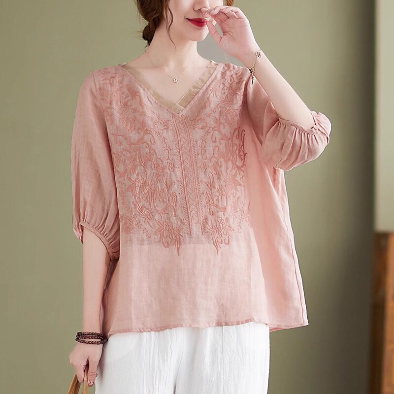 Baju Atasan Wanita Soft Pink Motif Bunga