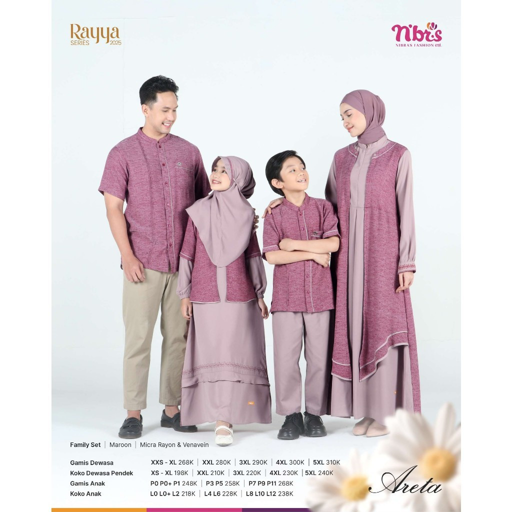 NIBRAS BAJU COUPLE KELUARGA / SARIMBIT TERBARU MODEL ARETA WARNA MAROON (KOKO AYAH / GAMIS IBU / KOK