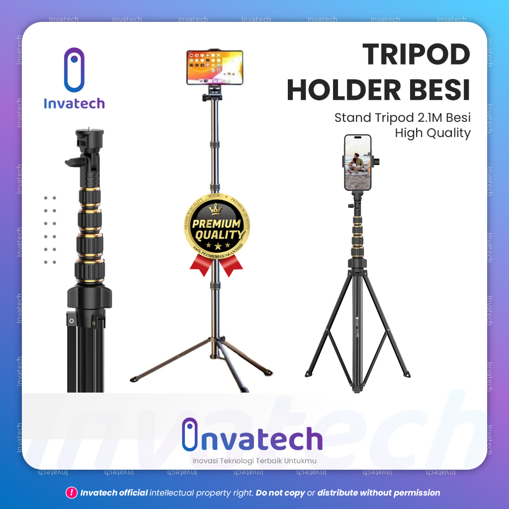 Tripod 2,1 meter Besi Tripod Tongkat Selfie Ringlight HP Kamera Lengkap Tripod / Holder HP, Premium 