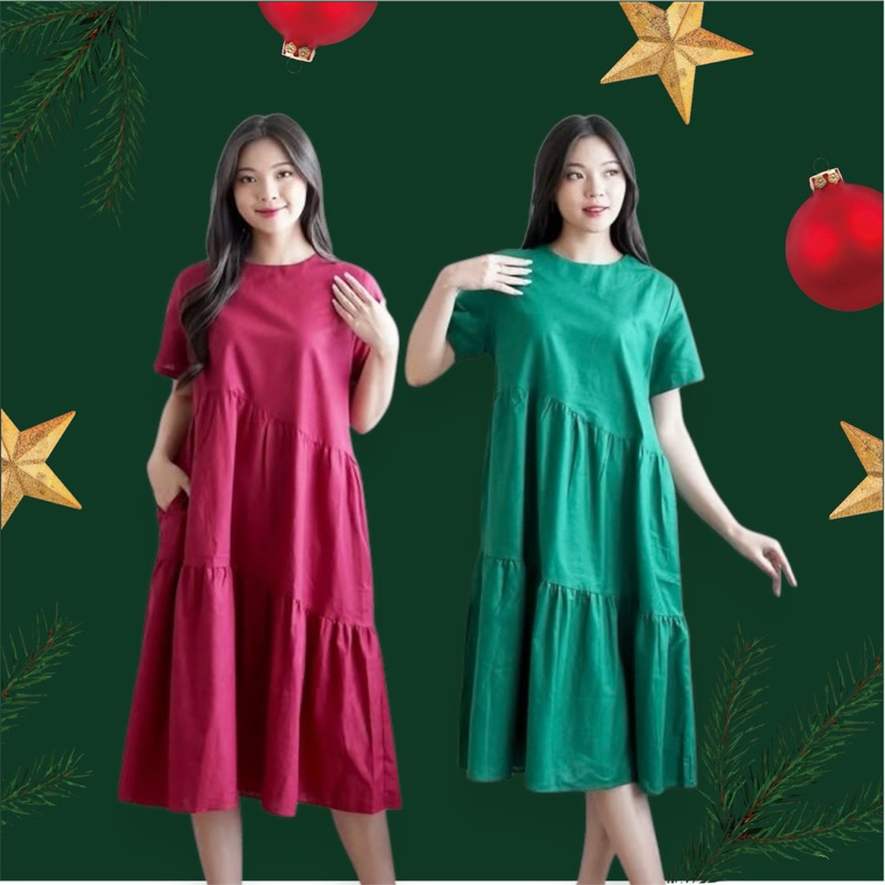 Foria 2661 linen dress - terusan wanita casual korea merah hijau natal imlek